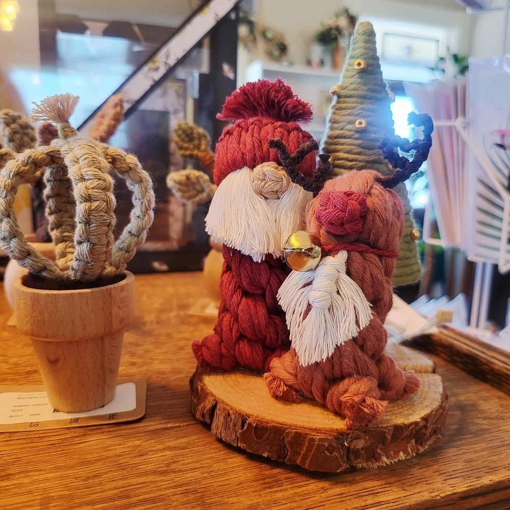 Handcrafted Macrame Holiday Santa And Rudolph- Red, Green, Brown